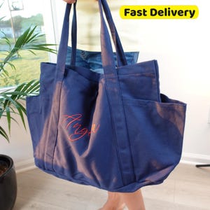 Benutzerdefinierte Stickerei extra große Canvas-Einkaufstasche, Einkaufstasche mit Taschen, personalisierte Geschenke, Totebag, Totes, große Schultertaschen.