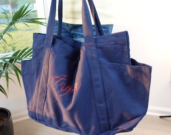 Bolsa de lona extragrande con bordado personalizado, bolsa de mano con bolsillos, regalos personalizados, bolsa de mano, bolsas de mano, bolsos de hombro grandes.
