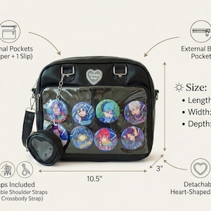 May include: Black handbag with a clear front panel displaying colorful character badges. The bag includes a detachable heart-shaped pouch and multiple straps. Dimensions: 10.5" length, 11.5" width, and 3" depth. Features internal and external pockets.