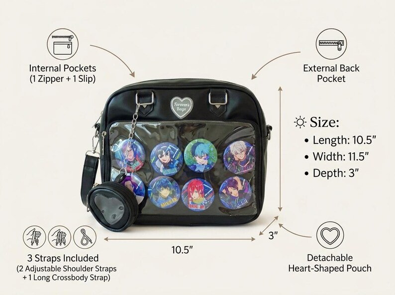 May include: Black handbag with a clear front panel displaying colorful character badges. The bag includes a detachable heart-shaped pouch and multiple straps. Dimensions: 10.5" length, 11.5" width, and 3" depth. Features internal and external pockets.