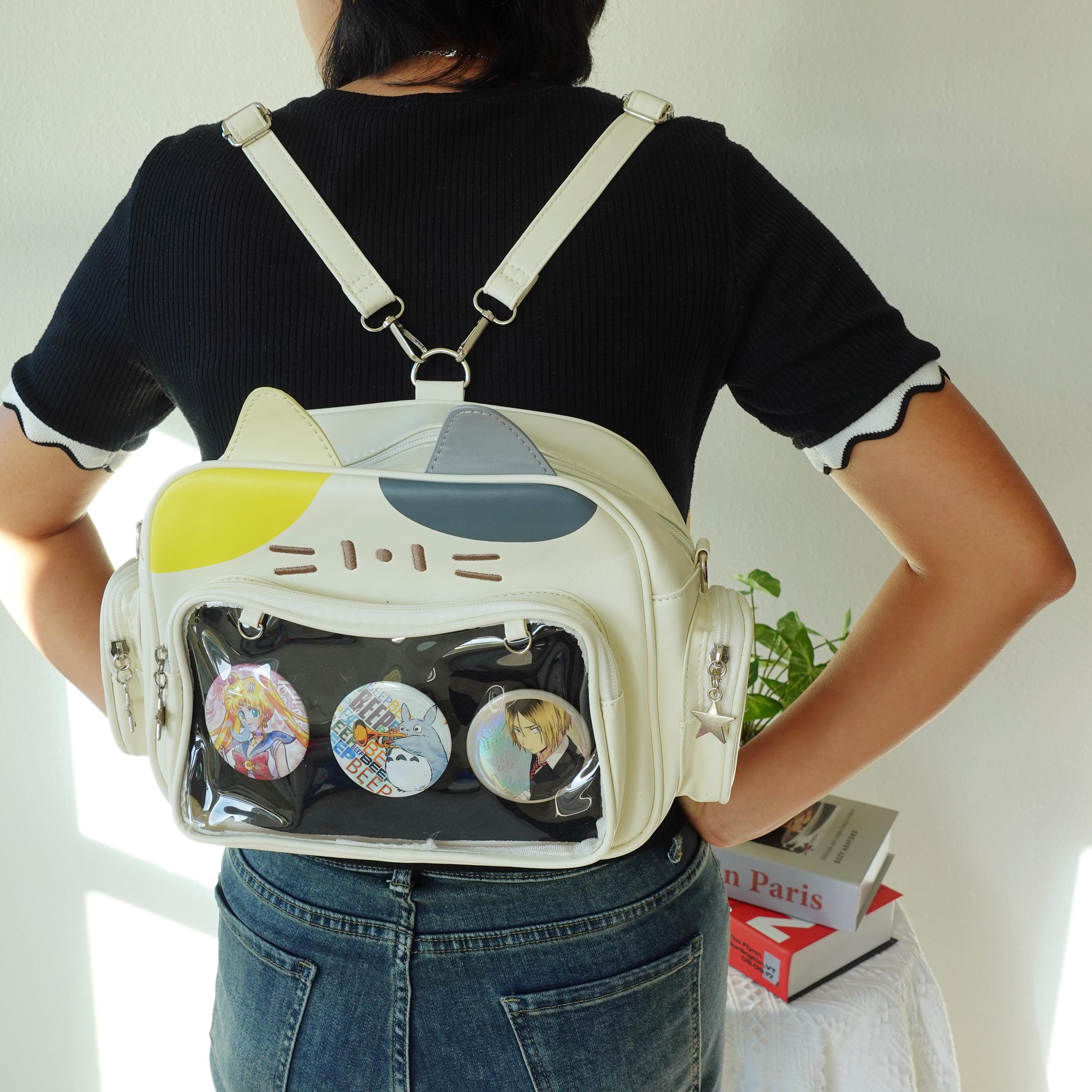 Cute Cat Ita Bag Zaino In PU Con Finestra Trasparente Per Spille - Kawaii Crossbody Per Ragazze - 31x13.5x21 Cm