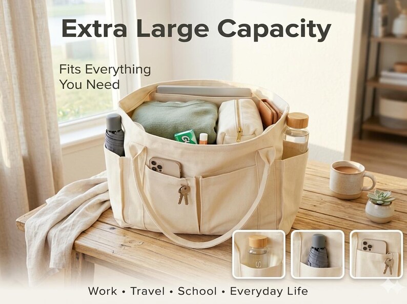 Puede incluir: Bolso tote color crema con m&uacute;ltiples bolsillos, lleno de art&iacute;culos como un port&aacute;til, un su&eacute;ter y una botella de agua. La bolsa tiene el texto "Extra Large Capacity" y "Fits Everything You Need". La parte inferior de la imagen tiene las palabras "Work &bull; Travel &bull; School &bull; Everyday Life".
