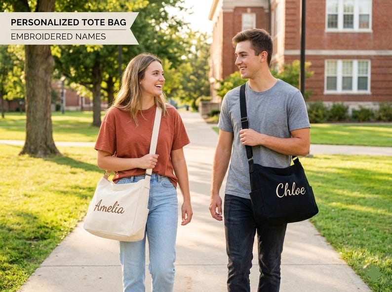 May include: Two people walking outdoors, each carrying a personalized tote bag. One bag is black with "Chloe" embroidered, the other is beige with "Amelia" embroidered. The text "PERSONALIZED TOTE BAG EMBROIDERED NAMES" is in the upper left.