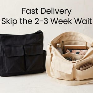 May include: Two canvas messenger bags, one black and one beige, are displayed. The black bag is closed, while the beige bag is open, revealing contents like a water bottle, notebook, and wallet. The text "Fast Delivery Skip the 2-3 Week Wait" is at the top.