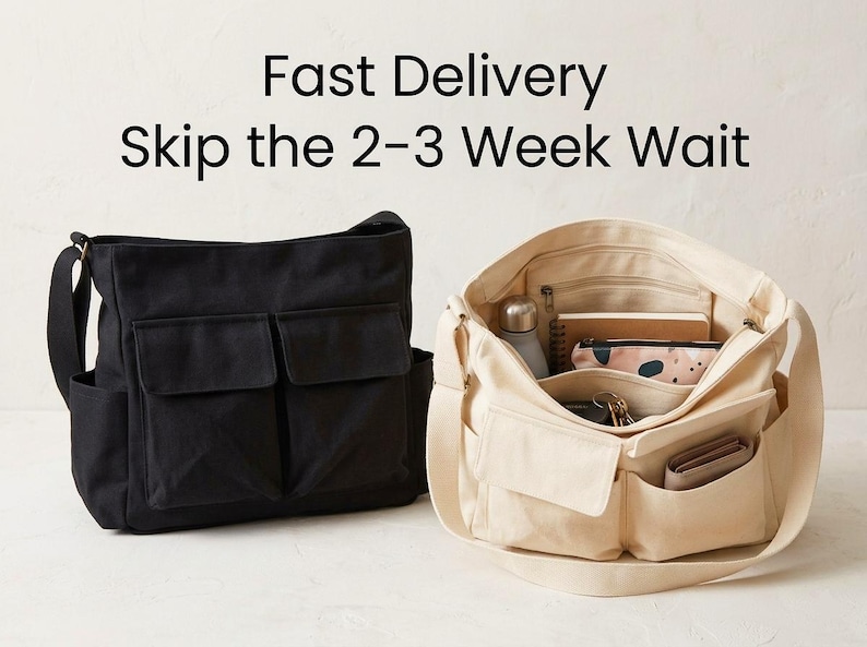 May include: Two canvas messenger bags, one black and one beige, are displayed. The black bag is closed, while the beige bag is open, revealing contents like a water bottle, notebook, and wallet. The text "Fast Delivery Skip the 2-3 Week Wait" is at the top.