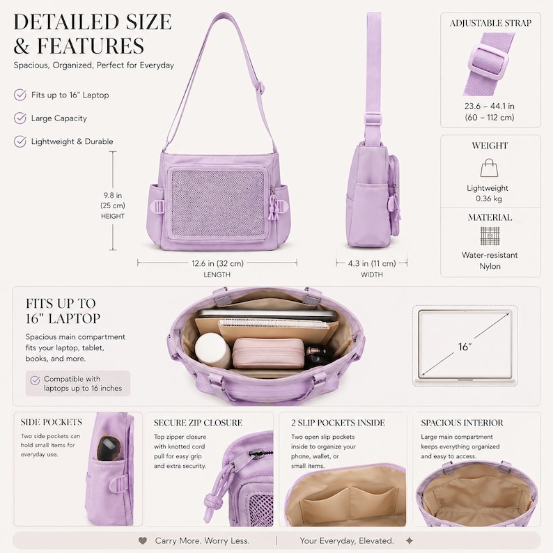 Puede incluir: Bolso bandolera lila con correa ajustable. Cuenta con un bolsillo frontal de malla y bolsillos laterales. Mide 32 cm de largo, 25 cm de alto y 11 cm de ancho. Fabricado en nailon resistente al agua, apto para port&aacute;tiles de hasta 16 pulgadas.