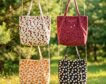 Personalized Floral Corduroy Tote Bag, Custom Embroidered Mini Tote, Cute Aesthetic Everyday Tote Bag, Gift for Her