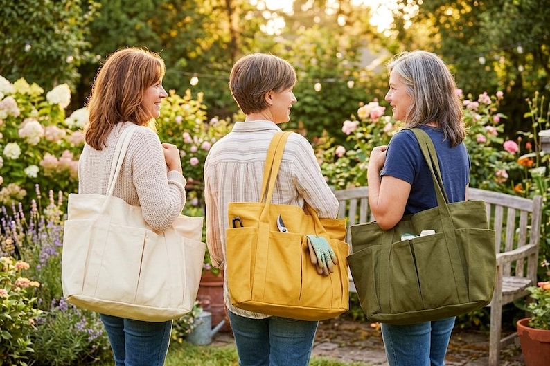 Puede incluir: Tres mujeres en un jard&iacute;n, cada una con un bolso tote grande. Los bolsos son de color crema, amarillo mostaza y verde oliva. Los bolsos tienen m&uacute;ltiples bolsillos y est&aacute;n dise&ntilde;ados para transportar herramientas y suministros de jardiner&iacute;a. Las mujeres llevan ropa informal.