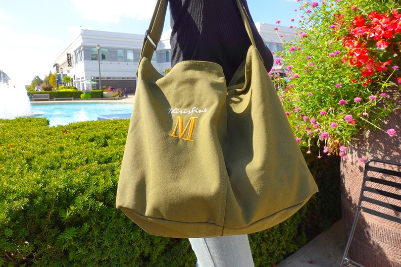 Personalized Embroidery Canvas Tote Bag, Bridesmaid Gifts Totes, Large Crossbody Bags with Zipper, Custom Name on Purse, Personalised Gift. Green