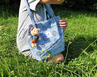 Personalized Corduroy Smiley Face Tote Bag: Embroidered Makeup Organizer