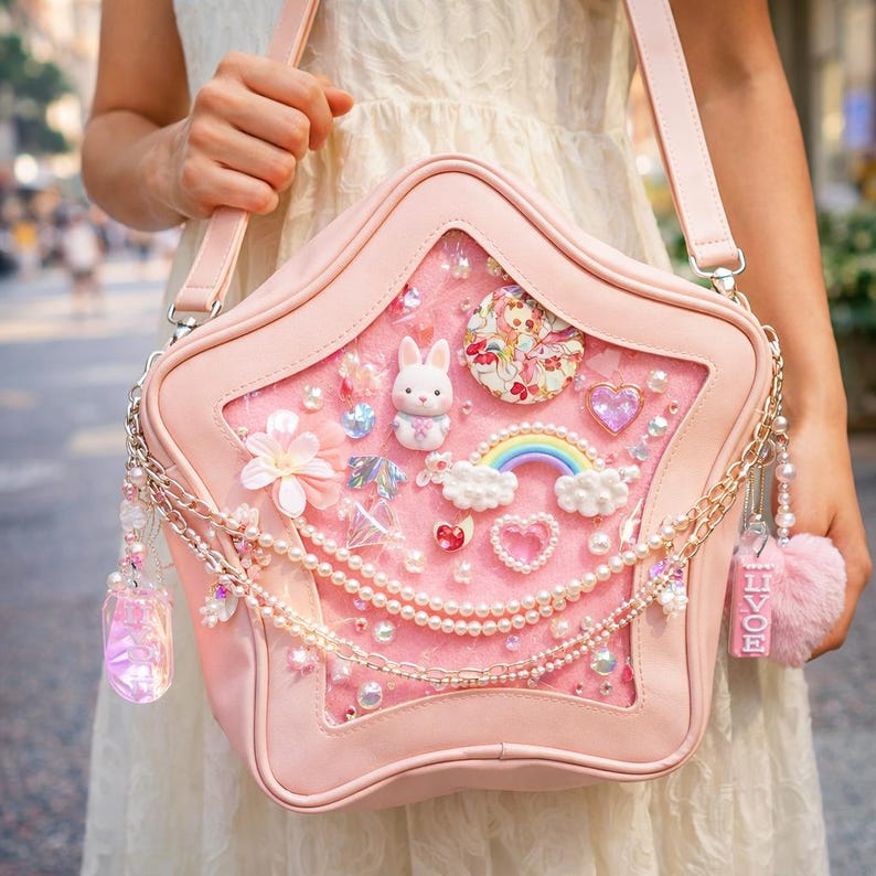 May include: A pink star-shaped handbag with a clear window, decorated with a white bunny, rainbow, pearls, and charms. The bag has a chain strap and a pink pom-pom. The bag is held by a person wearing a white dress.