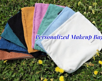 Personalized Corduroy Makeup Bags, Make up Organizer, Toiletry Bags, Bridesmaid Gift, Small Purse, Custom Makeup Bag.