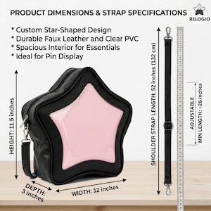 May include: Black star-shaped bag with a pink center, 11.5 inches high, 12 inches wide, and 3 inches deep. Features a black shoulder strap, 52 inches long, adjustable to a minimum of 26 inches. Made of faux leather and clear PVC.