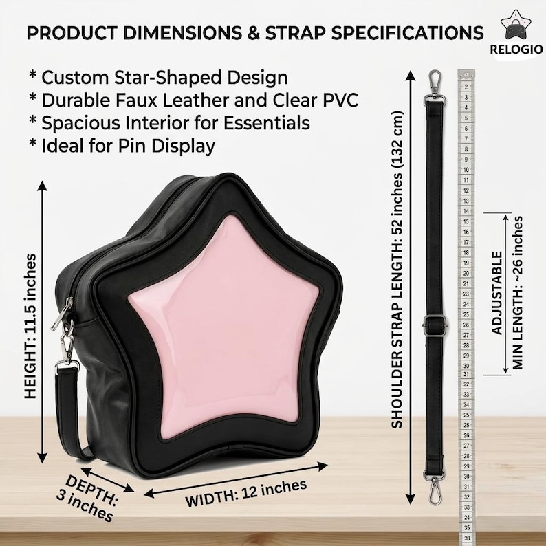 May include: Black star-shaped bag with a pink center, 11.5 inches high, 12 inches wide, and 3 inches deep. Features a black shoulder strap, 52 inches long, adjustable to a minimum of 26 inches. Made of faux leather and clear PVC.