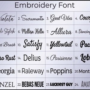 May include: A grid displaying 24 different embroidery fonts, each with a unique style. The fonts range from elegant scripts like "Violeta" and "Sacramento" to bold, modern options such as "Lobster" and "Bebas Neue". The title "Embroidery Font" is at the top.