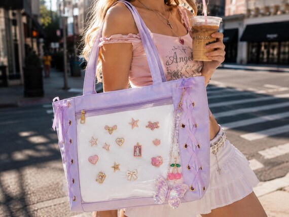 Kawaii Everyday Tote Bag, Cute Anime Ita Tote, Aesthetic Coffee Shop Bag, Y2K Pin Display Purse, Large Satin Tote for Daily Use