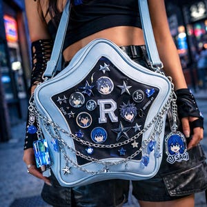 May include: A light blue star-shaped shoulder bag with a black center panel. The bag features silver chains, star-shaped charms, and character pins. The letter "R" is prominently displayed. The bag is decorated with anime-style character art.