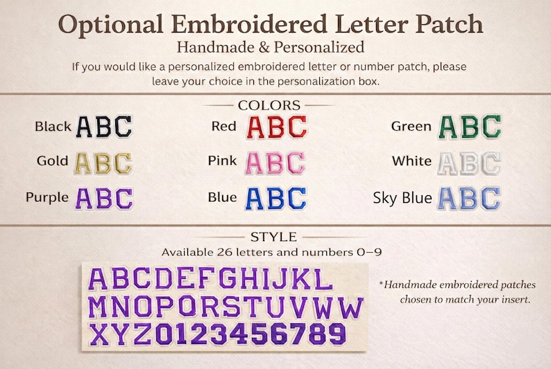 May include: Image showing options for embroidered letter patches. Colors include black, red, gold, pink, purple, blue, green, white, and sky blue. The style section displays the alphabet and numbers 0-9 in purple.