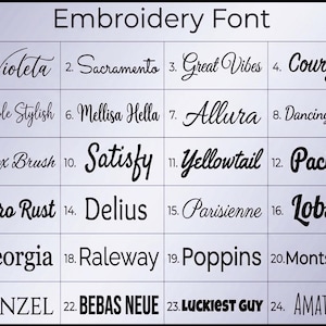 May include: A grid displaying 24 different embroidery fonts, each with a unique style. The fonts range from elegant scripts like "Violeta" and "Sacramento" to bold, modern options such as "Lobster" and "Bebas Neue". The title "Embroidery Font" is at the top.