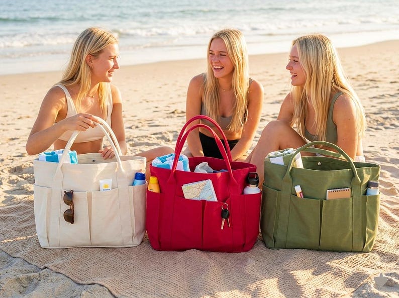 Puede incluir: Tres bolsos de lona en crema, rojo y verde oliva, cada uno con m&uacute;ltiples bolsillos exteriores y asas resistentes. Las bolsas est&aacute;n llenas de art&iacute;culos esenciales para la playa como toallas, protector solar y gafas de sol. La escena est&aacute; ambientada en una playa de arena.