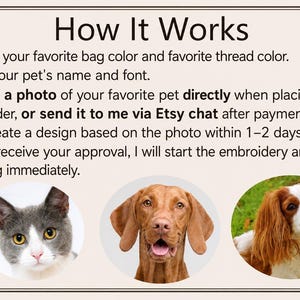 Puede incluir: Un gr&aacute;fico informativo titulado "C&oacute;mo funciona" con instrucciones para pedir un dise&ntilde;o personalizado de mascotas. La imagen incluye tres retratos de mascotas: un gato gris y blanco, un perro marr&oacute;n y un Cavalier King Charles Spaniel.