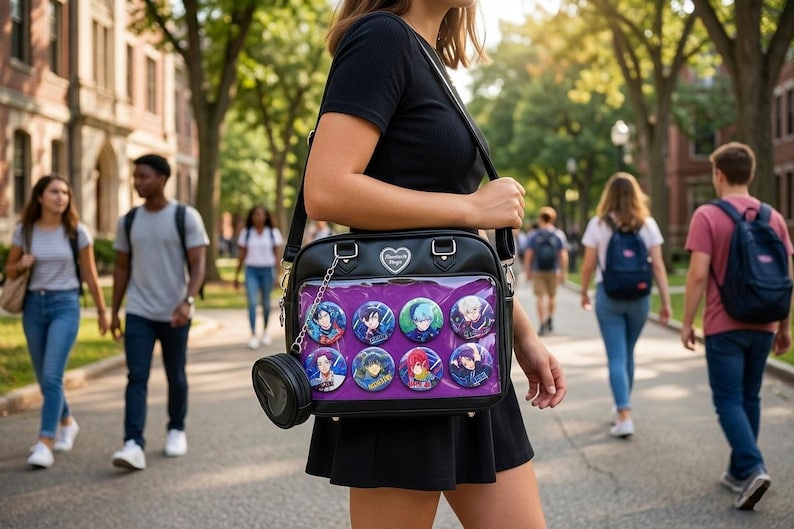 May include: Black shoulder bag with a clear front pocket displaying colorful character pins. The bag has a heart-shaped emblem and a small, round coin purse attached. The bag is carried on a shoulder strap.