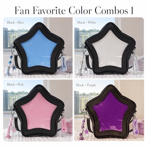 May include: Star-shaped crossbody bags in black with various color inserts: blue, white, pink, and purple. Each bag features a clear window, a black strap, and decorative charms. The text "Fan Favorite Color Combos 1" is at the top.
