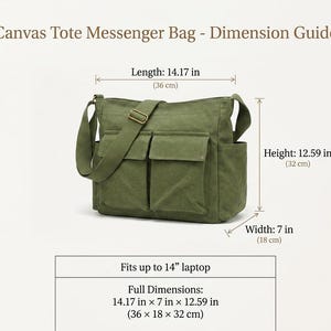 May include: Olive green canvas messenger bag with multiple pockets and an adjustable shoulder strap. The bag's dimensions are 14.17 inches in length, 7 inches in width, and 12.59 inches in height. The bag fits up to a 14-inch laptop.