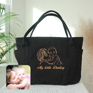 Benutzerdefinierte Eltern-Kind-Porträt-Tasche, gesticktes Familienporträt vom Foto-Schultertasche, personalisierte Segeltuchtasche, einzigartige Geschenktaschen.