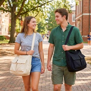 May include: Two people walking on a brick path, smiling at each other. The person on the left is wearing a gray t-shirt, denim shorts, and a beige messenger bag. The person on the right is wearing a green shirt, khaki shorts, and a black messenger bag.