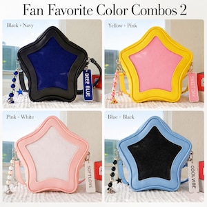 May include: Four star-shaped handbags in various color combinations: black and navy, yellow and pink, pink and white, and blue and black. Each bag has a matching strap and a decorative charm. The text "Fan Favorite Color Combos 2" is at the top.