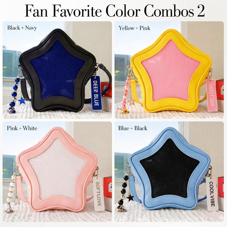 May include: Four star-shaped handbags in various color combinations: black and navy, yellow and pink, pink and white, and blue and black. Each bag has a matching strap and a decorative charm. The text "Fan Favorite Color Combos 2" is at the top.