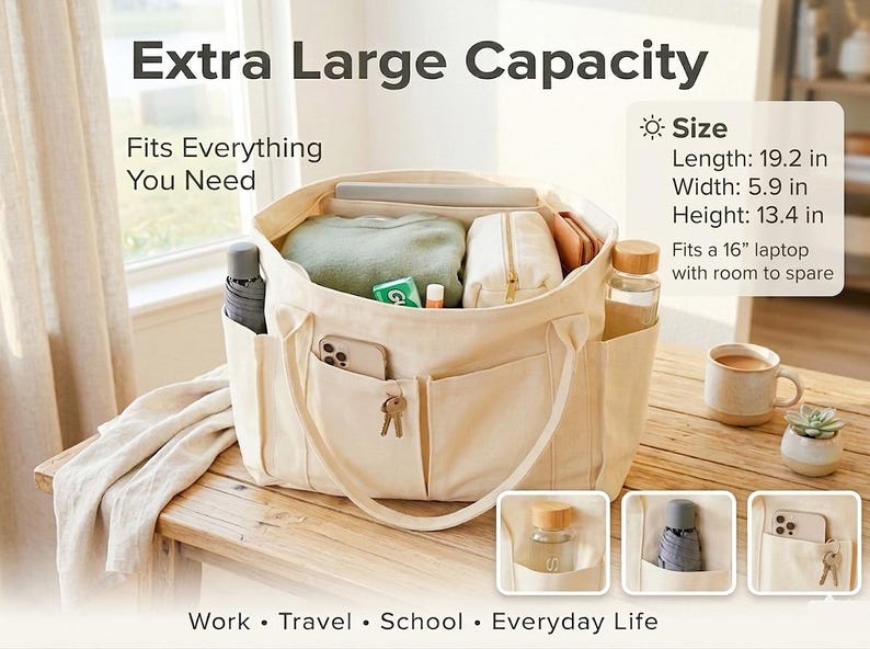 Puede incluir: Bolso tote color crema con m&uacute;ltiples bolsillos, que contiene varios art&iacute;culos. El bolso mide 48.8 cm de largo, 15 cm de ancho y 34 cm de alto. Cabe un port&aacute;til de 16 pulgadas. Texto en la imagen: Extra Large Capacity, Fits Everything You Need.