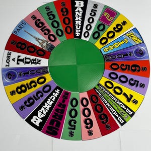 Puede incluir: Una ruleta de juego colorida con diferentes cantidades de dólares, incluyendo $ 5000, $ 900, $ 650, $ 500, $ 1000, $ 800, $ 700, $ 900, $ 100 y $ 850. La ruleta también incluye las palabras "Bancarrota", "Perder un turno", "París", "Salvaje", "Expreso", "Sorpresa", "Un millón", "Bazinga", "Rueda de la fortuna" y "?"