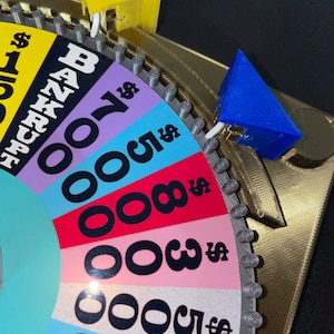 May include: A colourful wheel game with a spinning arrow. The wheel has different dollar amounts and the word "Bankrupt". The arrow is blue and yellow.