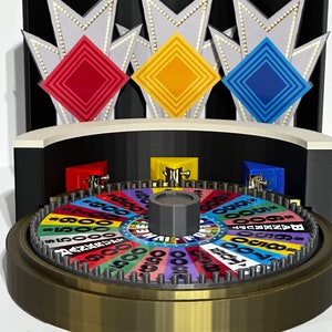 Puede incluir: Una ruleta de la fortuna de color dorado con una rueda giratoria y un cubo central. La rueda tiene diferentes cantidades de dólares y las palabras "Quiebra", "Pierde un turno" y "Juego gratis" impresas en ella. La rueda está rodeada por una base negra con una parte superior curva blanca y gris.