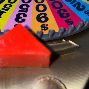 May include: A colourful wheel with dollar amounts and a red pointer. The wheel is divided into sections with different dollar amounts, including $600, $300, $200, and $100. The pointer is pointing to the $600 section.