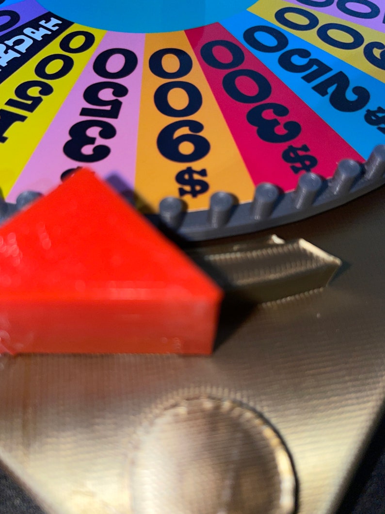 May include: A colourful wheel with dollar amounts and a red pointer. The wheel is divided into sections with different dollar amounts, including $600, $300, $200, and $100. The pointer is pointing to the $600 section.