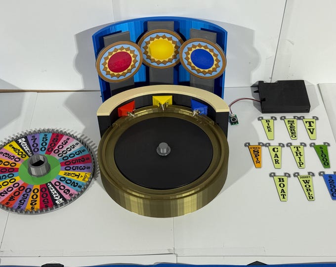 1987 Ultimate Wheel of Fortune Replica Set, Intro music, rotating platform option, wheel 6.73 in, facebook.com/AandM3DPrints/ makngames.com