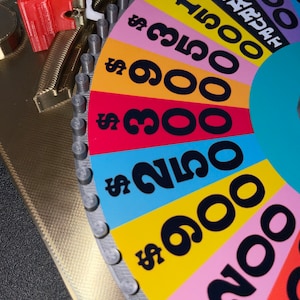 May include: A colourful wheel with different dollar amounts, including $200, $900, $1500, and $3500. The wheel is divided into sections of different colours, including pink, yellow, blue, and green. The wheel is used in a game show where contestants spin the wheel to win money.