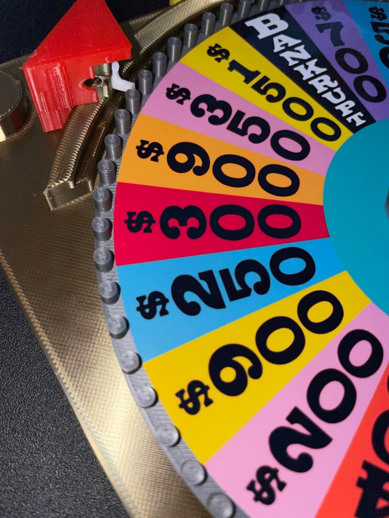 May include: A colourful wheel with different dollar amounts, including $200, $900, $1500, and $3500. The wheel is divided into sections of different colours, including pink, yellow, blue, and green. The wheel is used in a game show where contestants spin the wheel to win money.