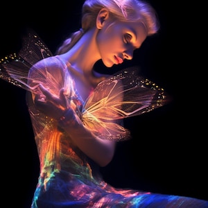 Puede incluir: Una mujer lleva un vestido hecho de material de fibra óptica iridiscente. El vestido está adornado con alas de mariposa, también hechas de fibra óptica, que brillan en una variedad de colores. La mujer está posando con la cabeza hacia abajo, mirando el vestido.