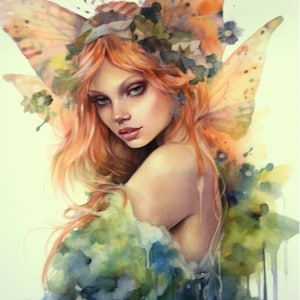 May include: Watercolor painting of a woman with long, flowing red hair and delicate butterfly wings. She wears a floral crown and a green and blue garment. The artwork has a soft, ethereal quality.