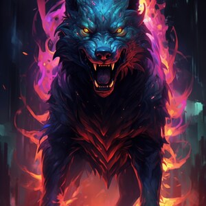 Puede incluir: Un lobo azul feroz con ojos rojos y morados brillantes se encuentra en un infierno ardiente naranja y morado. El pelaje del lobo es oscuro y texturizado, y su boca está abierta en un gruñido amenazante.