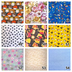May include: A grid of nine fabric swatches featuring various patterns: cartoon characters, floral prints, fishing lures, paw prints, charcuterie boards, chickens, small flowers, speckled textures, and blue wave patterns, each labeled 46 through 54.