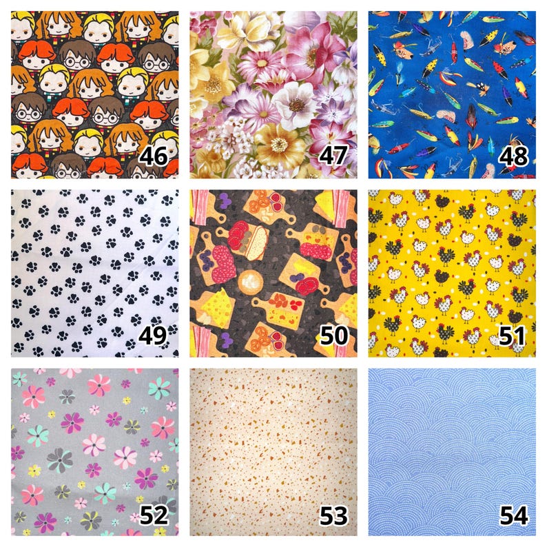 May include: A grid of nine fabric swatches featuring various patterns: cartoon characters, floral prints, fishing lures, paw prints, charcuterie boards, chickens, small flowers, speckled textures, and blue wave patterns, each labeled 46 through 54.