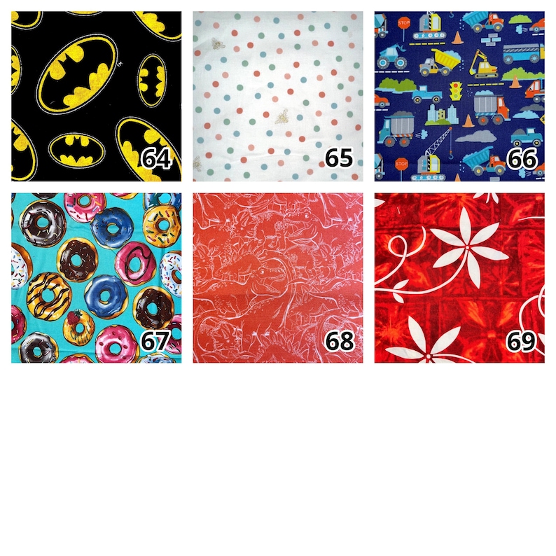 May include: A grid of six fabric swatches labeled 64 through 69. 64 features yellow Batman logos on black. 65 has multicolored polka dots on white. 66 shows construction vehicles on blue. 67 displays colorful donuts on teal. 68 depicts red dinosaurs on red. 69 shows white floral vines on red.