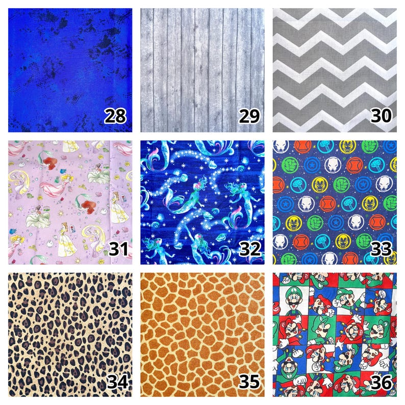 May include: A grid of nine fabric swatches labeled 28 through 36. Patterns include blue mottled texture, gray wood grain, gray chevron, Disney princesses, mermaids, Marvel superhero icons, leopard print, giraffe spots, and Mario and Luigi characters.
