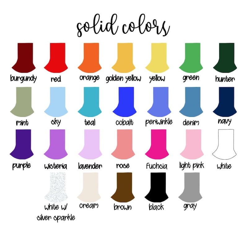 May include: A color chart titled solid colors displaying twenty-eight swatches in various hues including burgundy, red, orange, golden yellow, yellow, green, hunter, mint, sky, teal, cobalt, periwinkle, denim, navy, purple, wisteria, lavender, rose, fuchsia, light pink, white, white w/ silver sparkle, cream, brown, black, and gray.