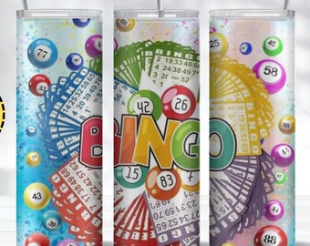 May include: Three 20 ounce stainless steel tumblers with a colourful bingo design. The tumblers feature bingo cards, bingo balls, and the word "Bingo" in large, colourful letters. The tumblers are perfect for any bingo enthusiast.